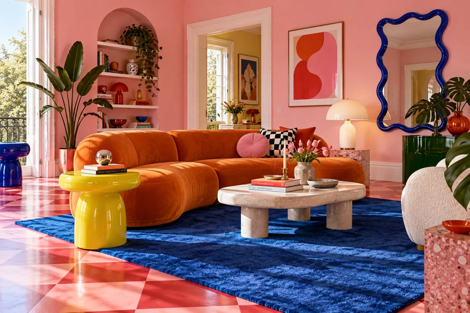 A candy-pink living room with a curvy orange velvet sofa, a yellow side table, a cobalt rug, a wavy blue mirror and a checkerboard floor.