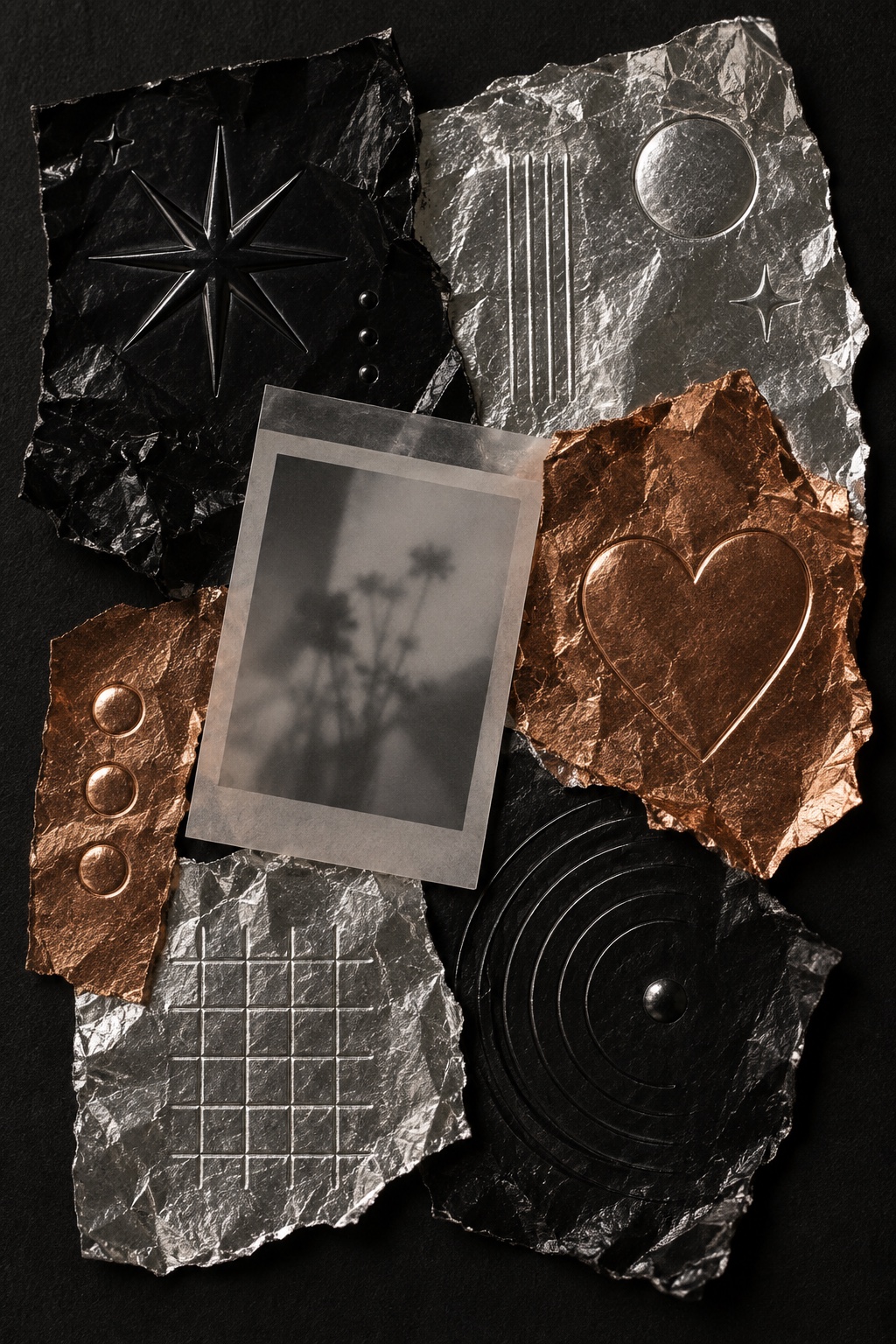 Torn sheets of silver, copper and black foil, each pressed with a star, grid, heart or rings, around a faded photograph.