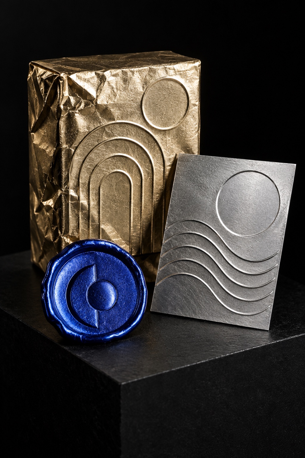 A box wrapped in crumpled gold foil embossed with arches, beside a pewter card of wave lines and a cobalt wax seal.
