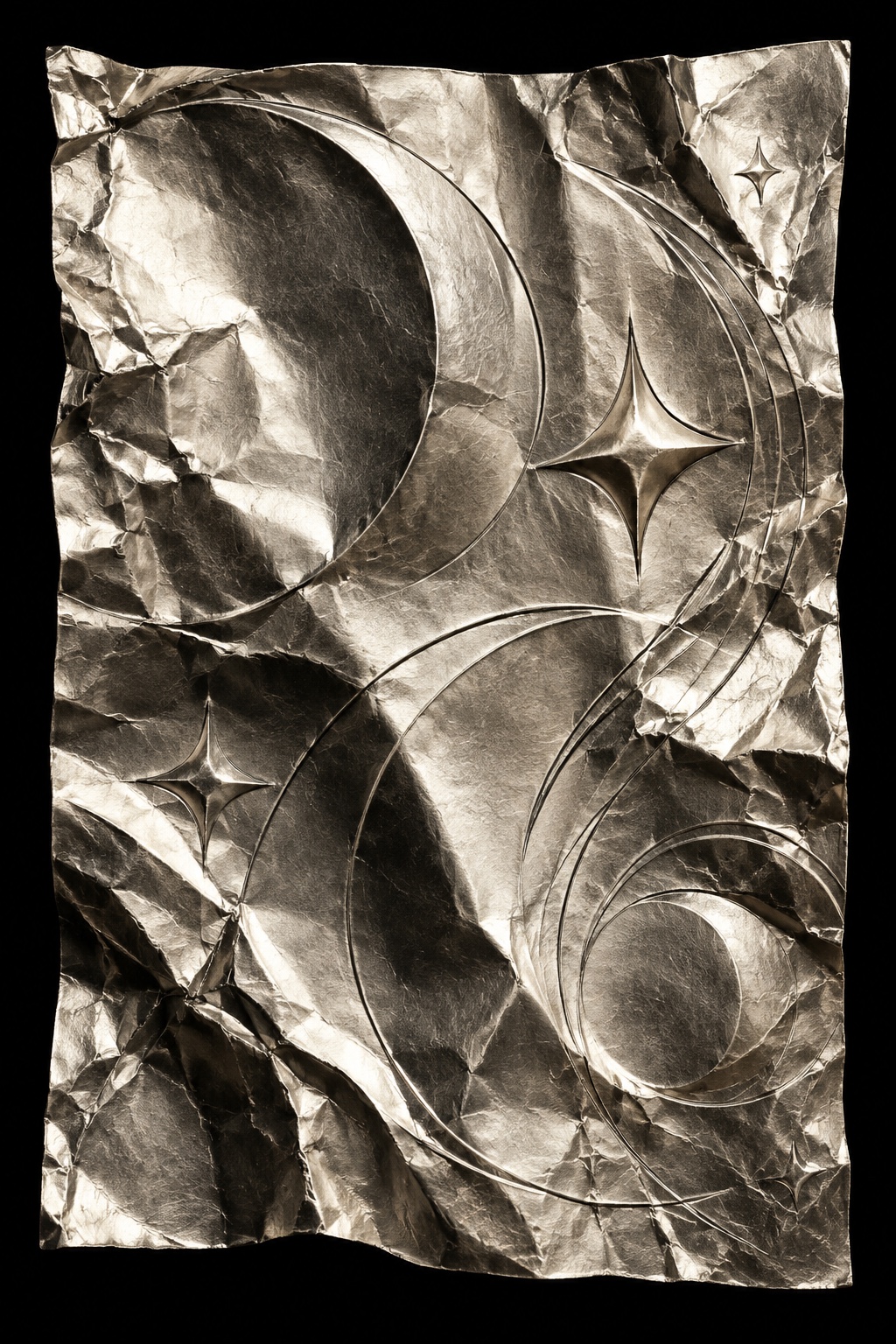 A crumpled gold foil sheet embossed with crescent moons and four-pointed stars, lit from one side.