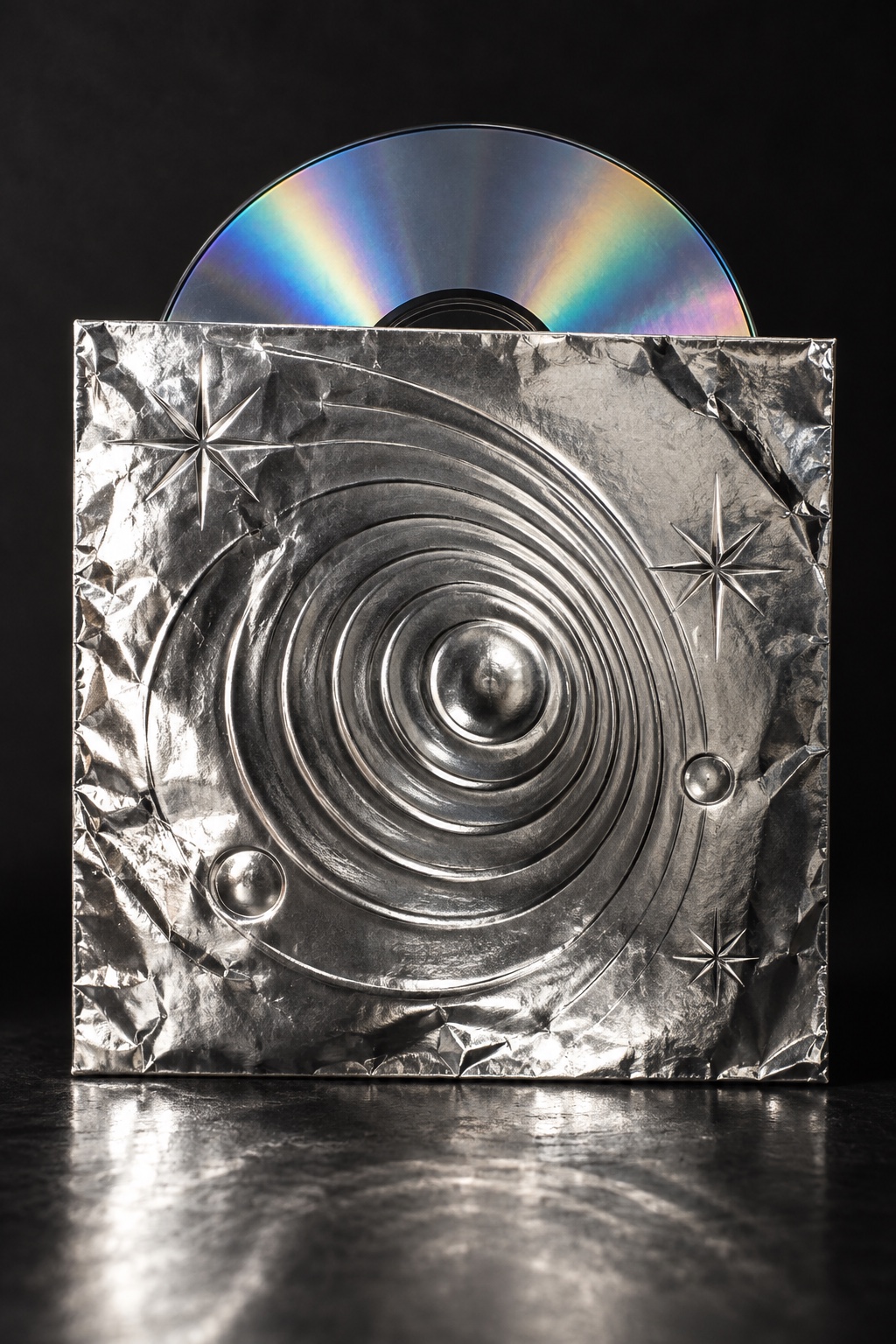 A crumpled silver foil sleeve embossed with orbiting rings and stars, a rainbow disc rising out of it.