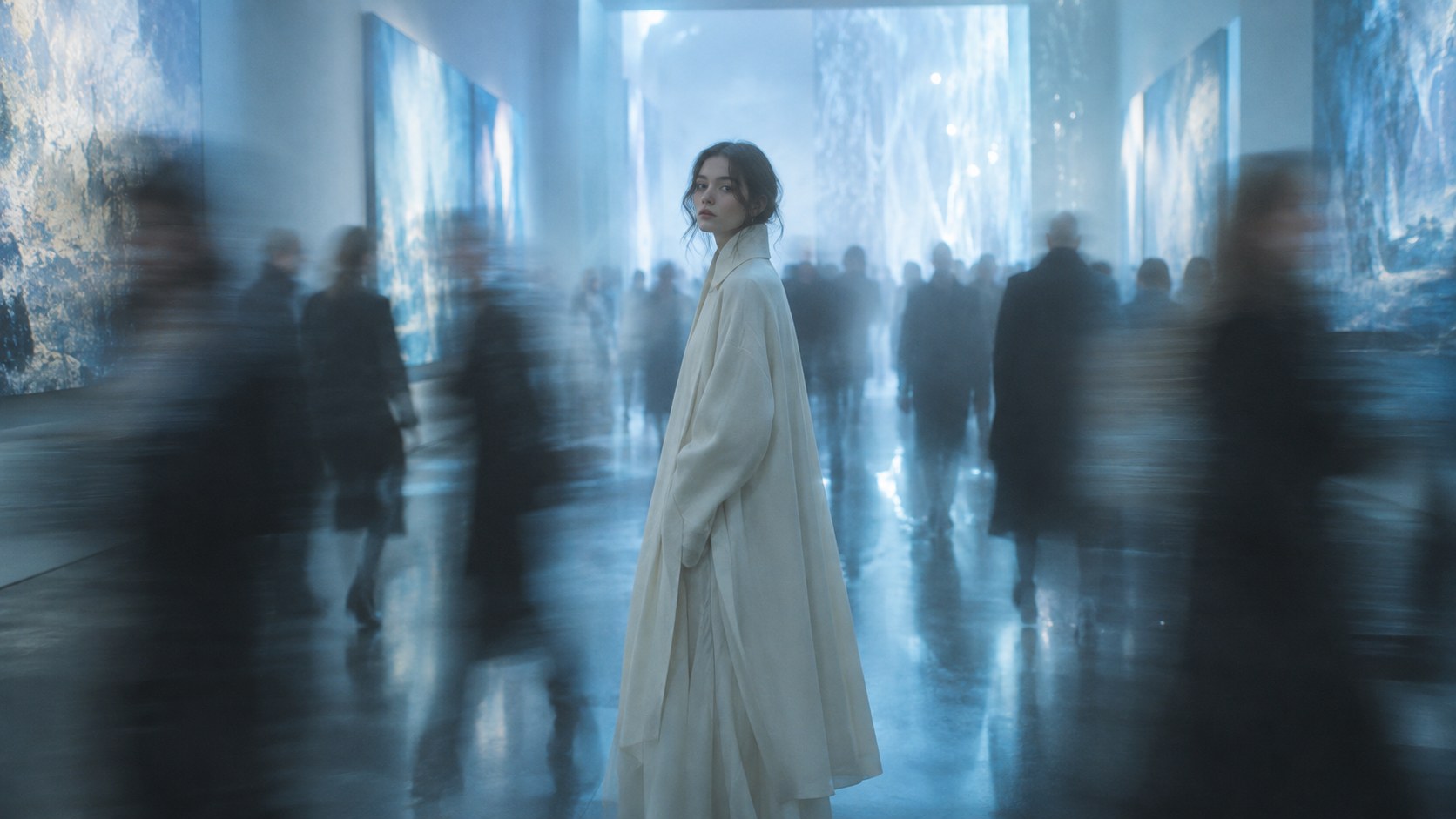A woman in a long white coat stands still in a gallery while the crowd around her blurs into streaks.