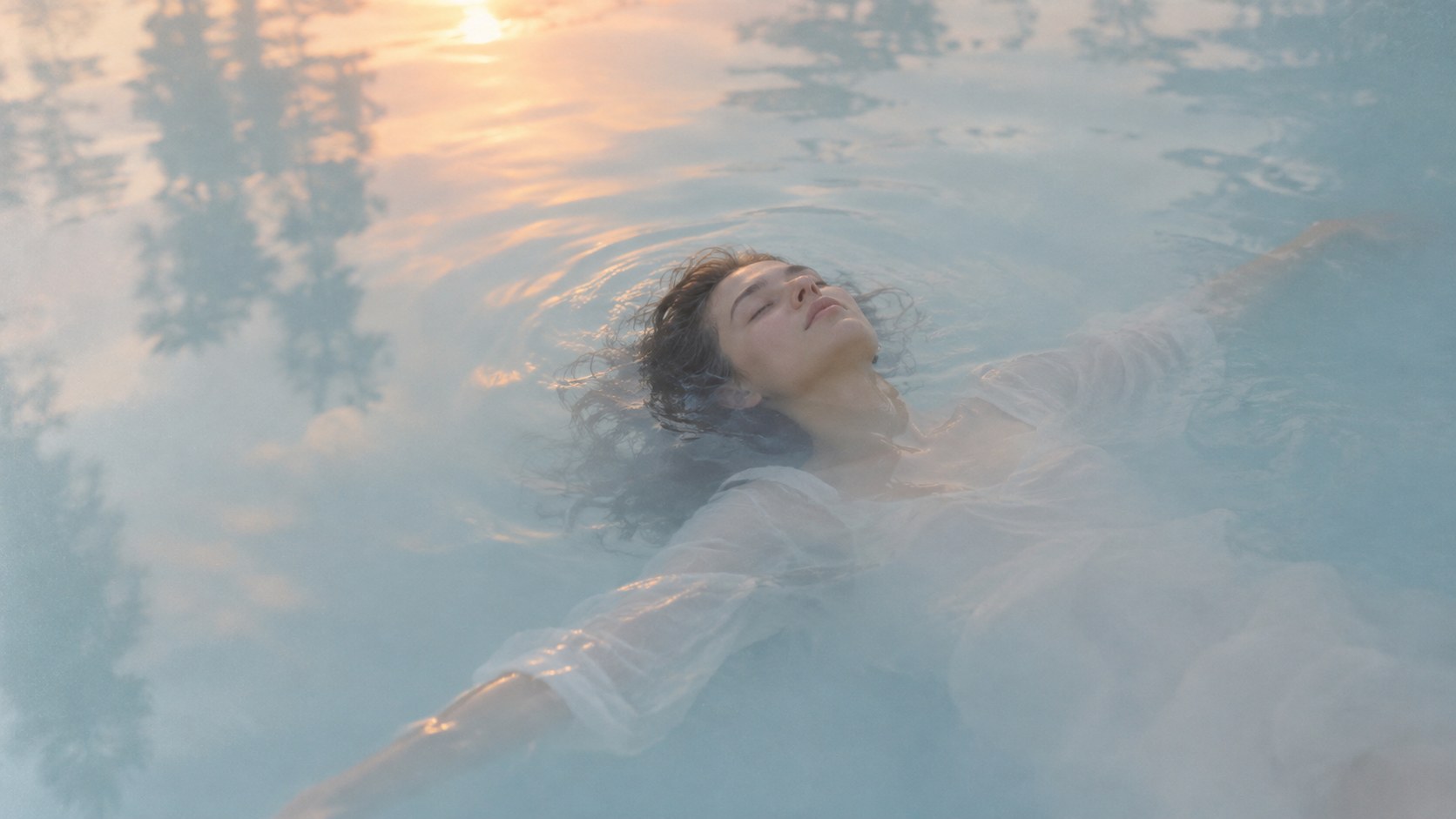 A woman in white floats on her back in pale misty water, eyes closed, fabric spreading around her.