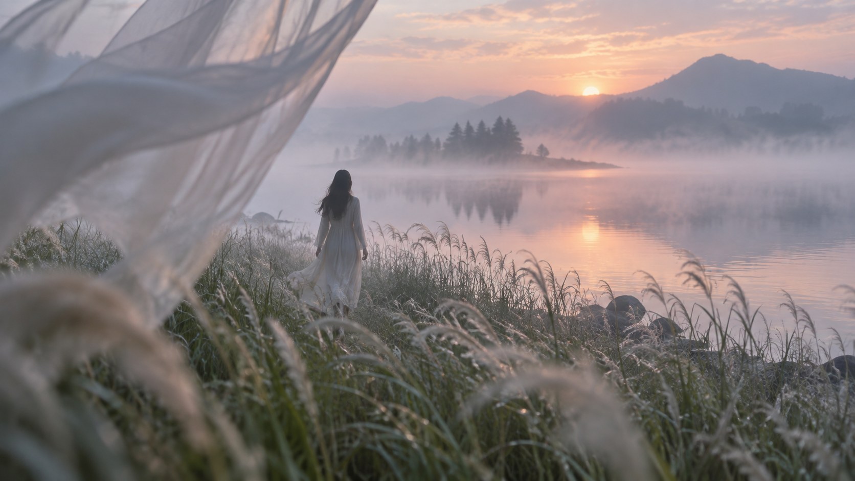 A figure in white stands in tall grass beside a misty lake at sunrise, a sheer veil blowing across the frame.