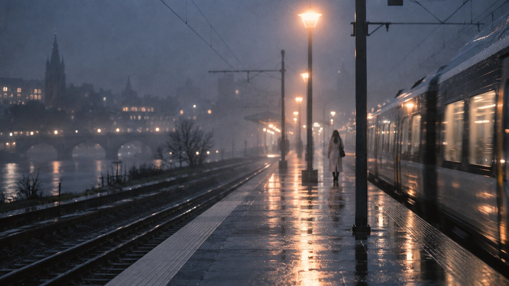 A lone figure walks a rain-soaked railway platform at night, lamps glowing through mist.
