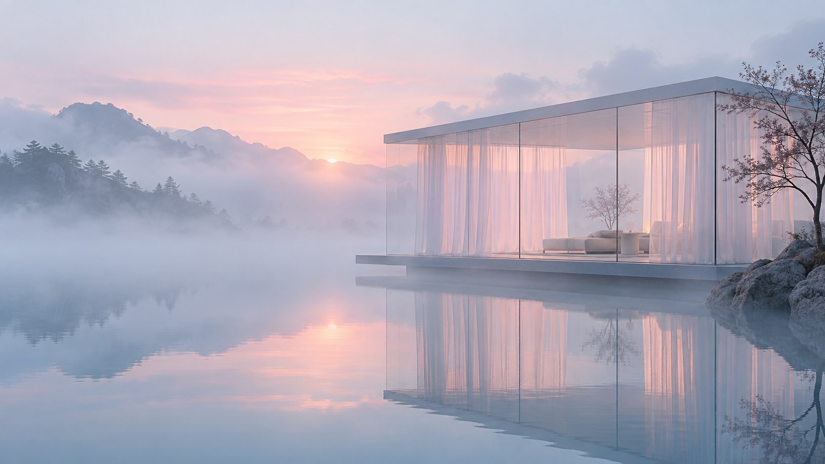 A glass pavilion hung with white curtains sits on a still lake in fog at sunrise.