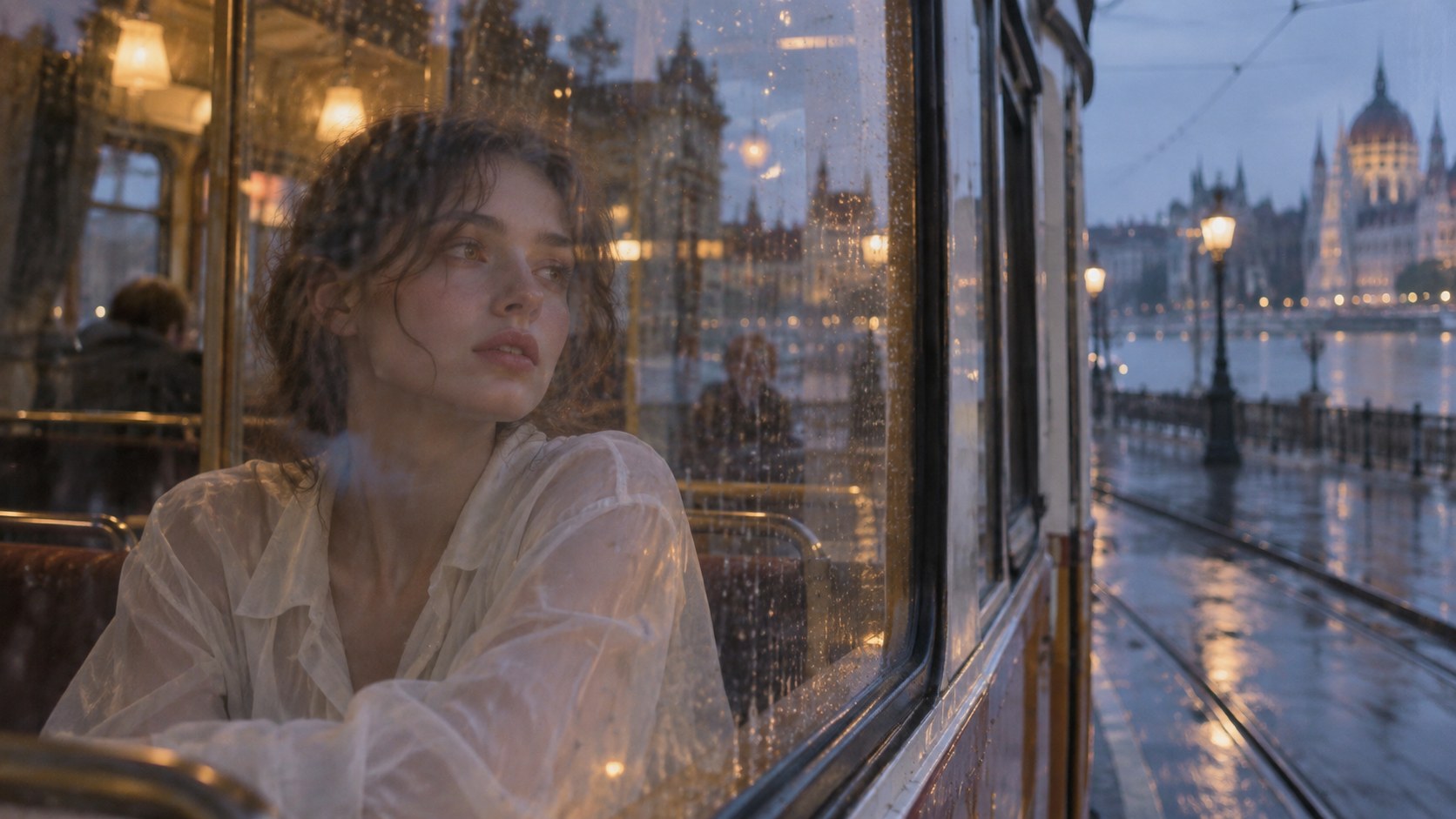 A woman in a cream blouse gazes out of a rain-streaked tram window at a riverside city at dusk.