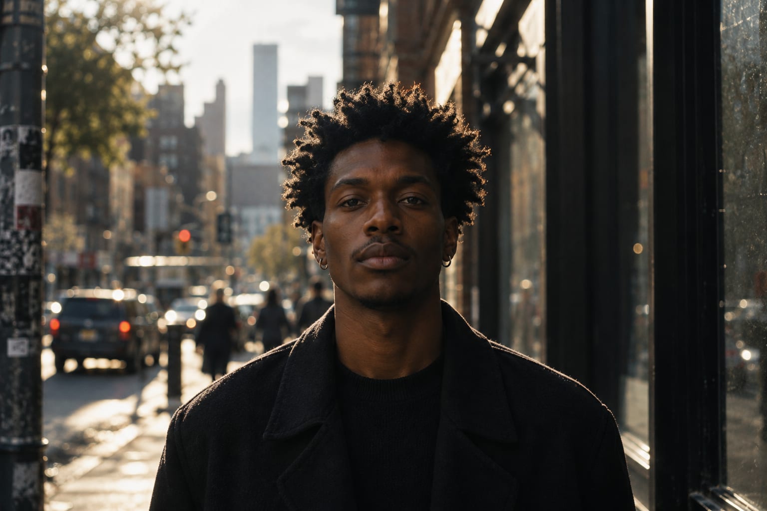 A man in a dark coat on a city street, photographed at eye level with a level camera, the skyline soft behind him.