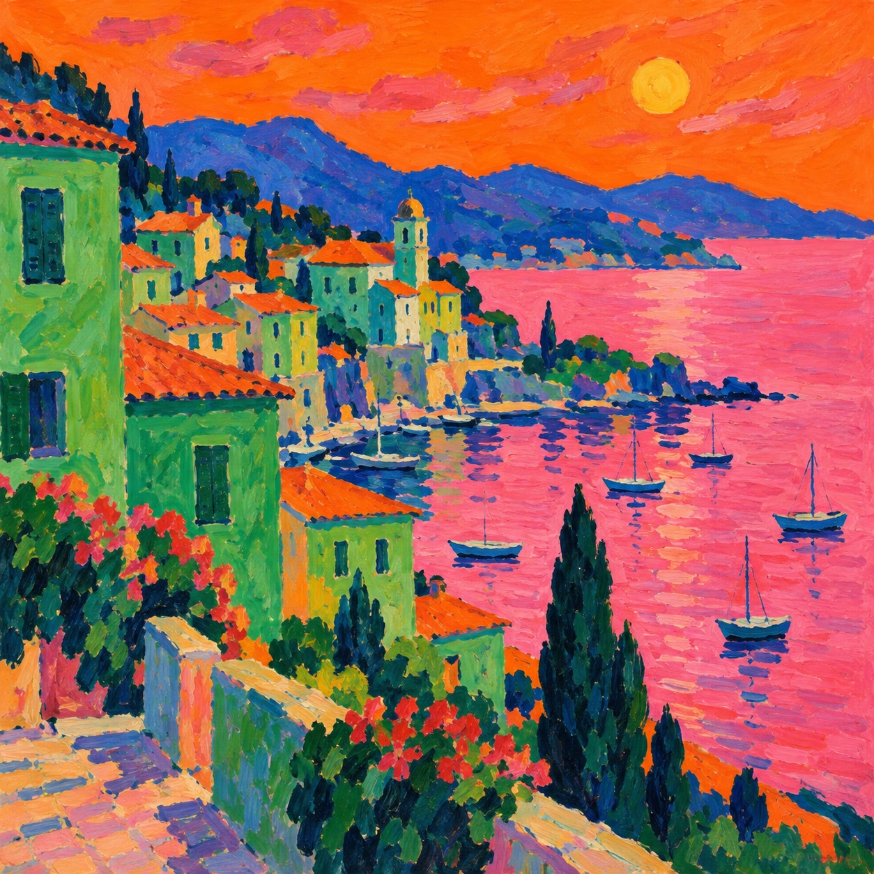 A Mediterranean harbour town painted in pink, orange and green with a lilac sea under an orange sky.