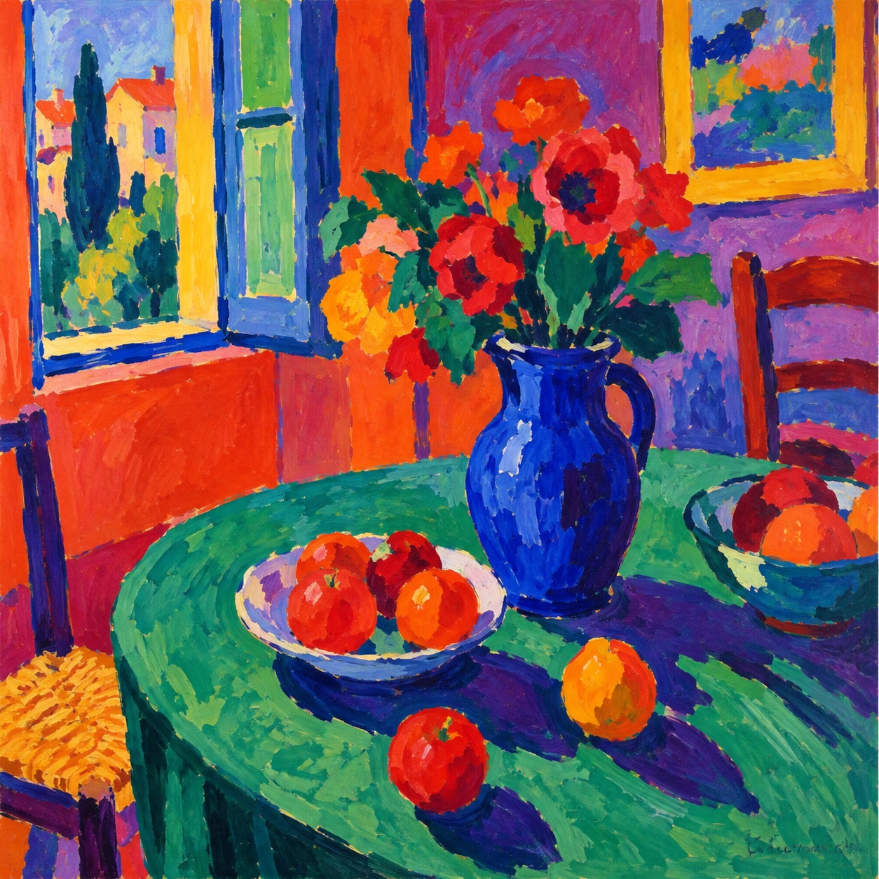 A room with a green table, red fruit, a blue vase of flowers and an open window, painted in clashing colours.