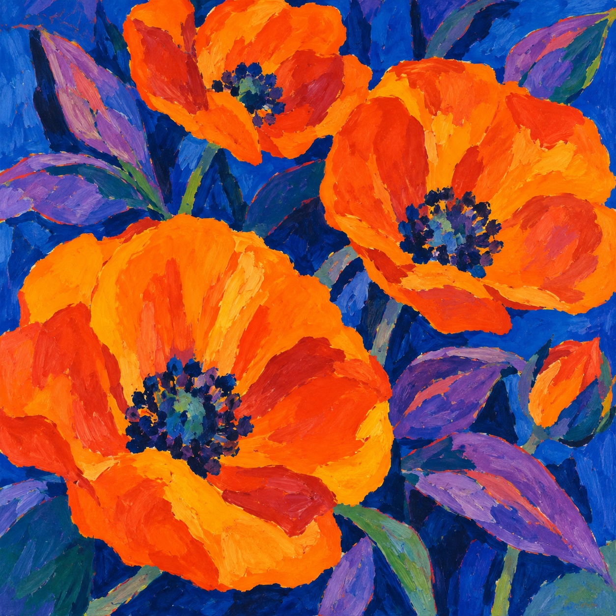 Orange poppies with violet leaves on cobalt, painted in thick fast strokes.
