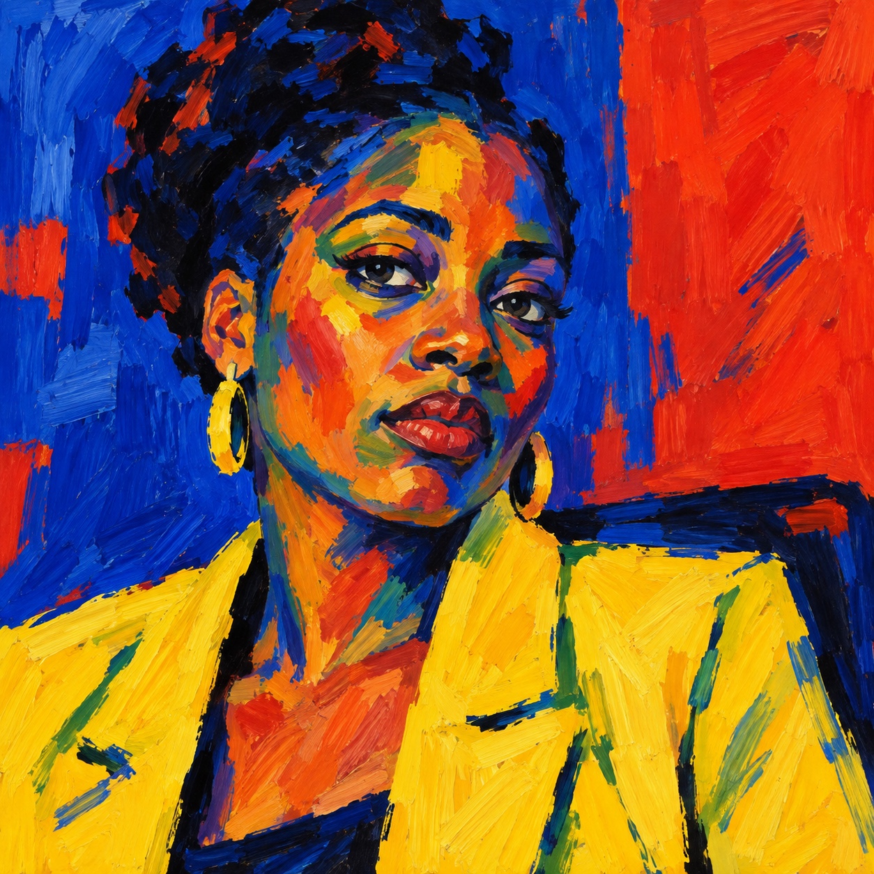 A portrait of a woman in a yellow jacket painted in blue, orange and red strokes against cobalt and red.