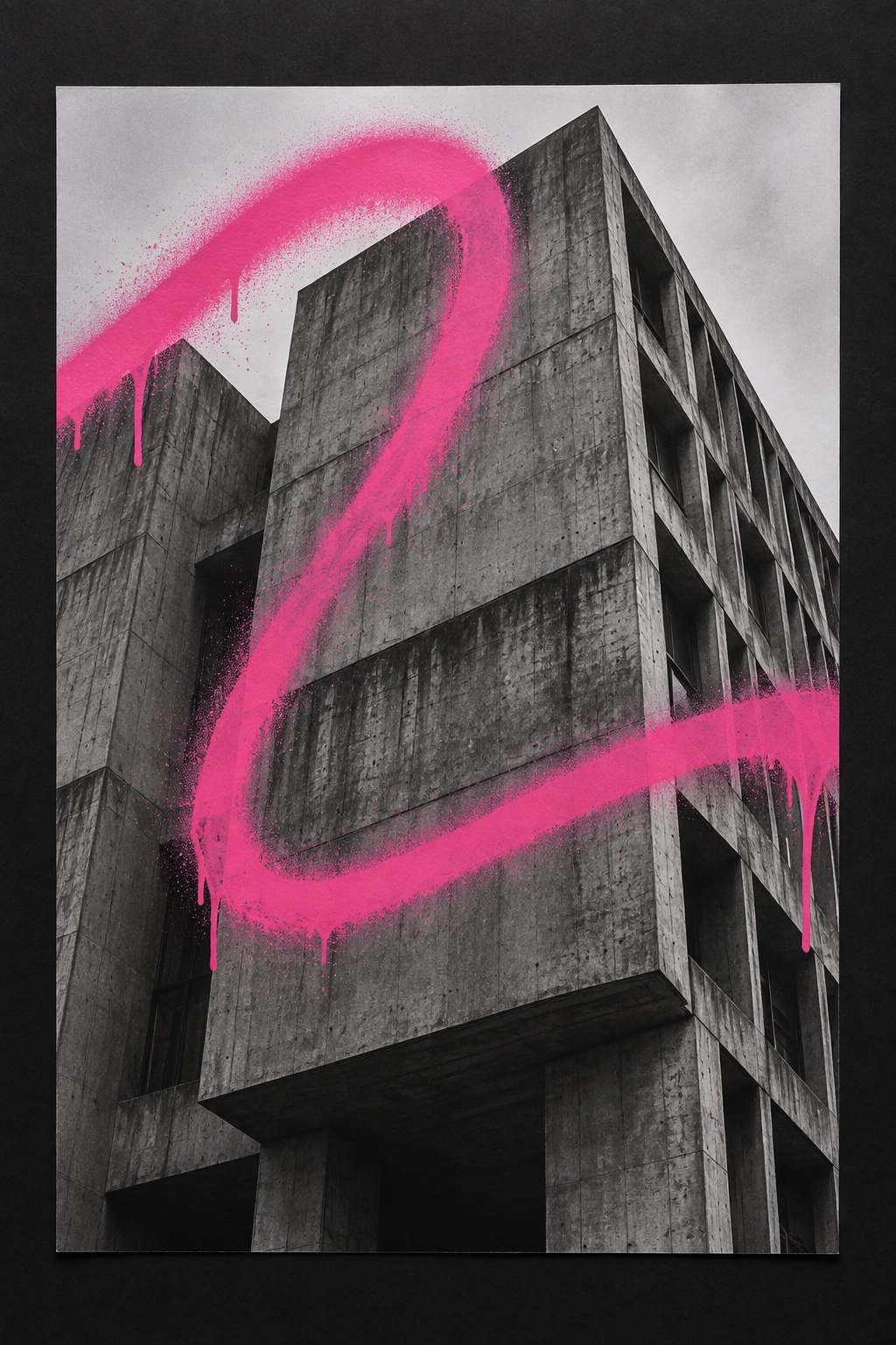 A black and white print of a brutalist concrete block, tagged with a single looping pink stroke.