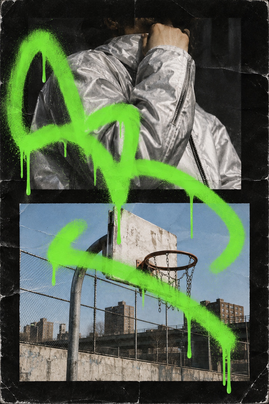 Two prints, a silver jacket and a city basketball hoop, tagged across with dripping acid green spray.