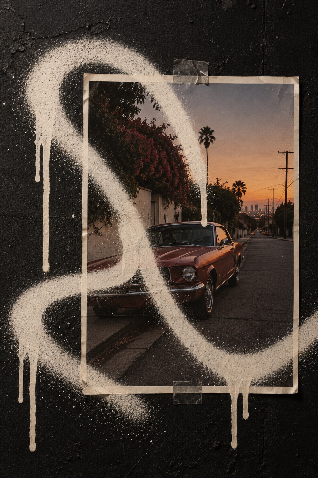A taped sunset photograph of a red classic car, looped over with cream spray paint running in drips.