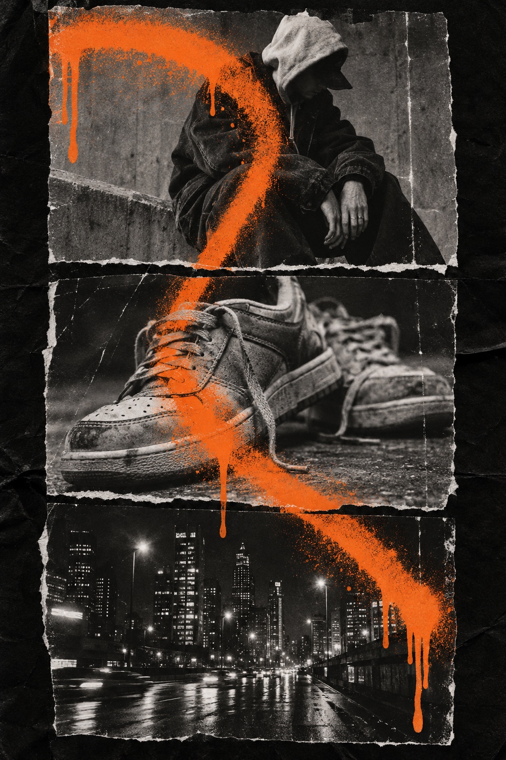 Three torn black and white prints, a hooded figure, worn sneakers and a city at night, tagged with orange spray.