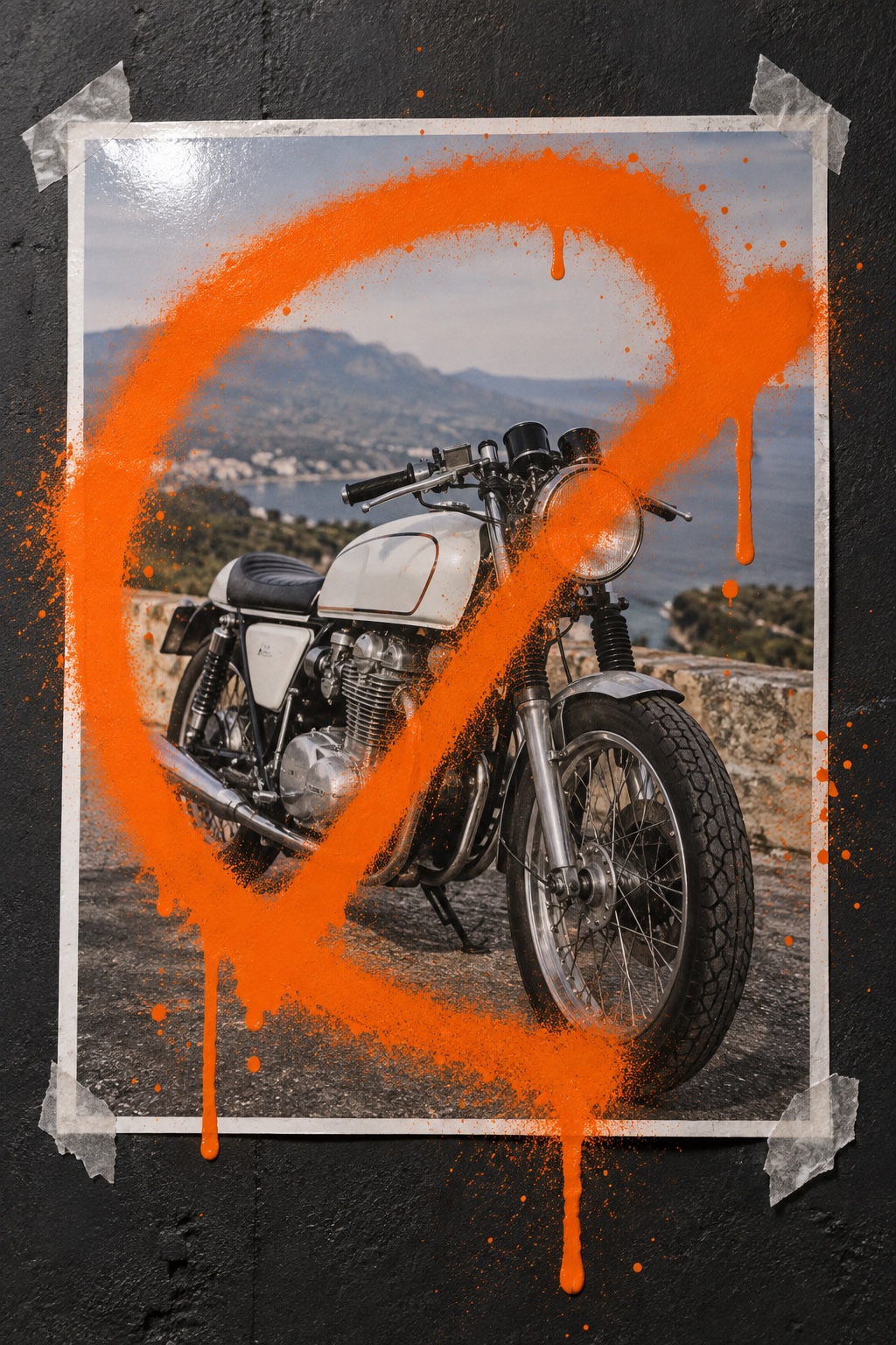 A taped photograph of a café racer on a coast road, ringed and struck through with dripping orange spray.
