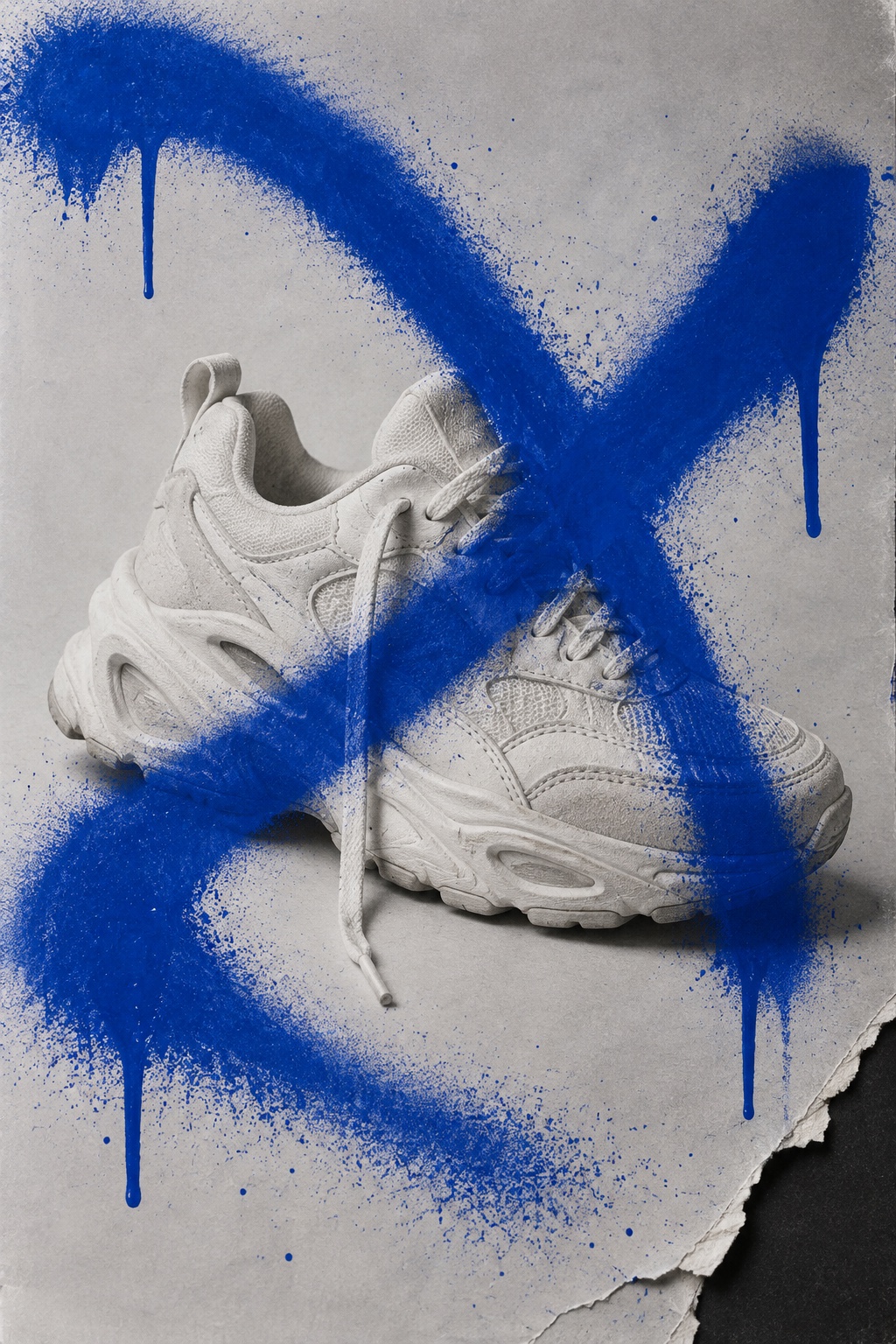 A white chunky trainer on grey paper, crossed out with a single ultramarine spray mark.