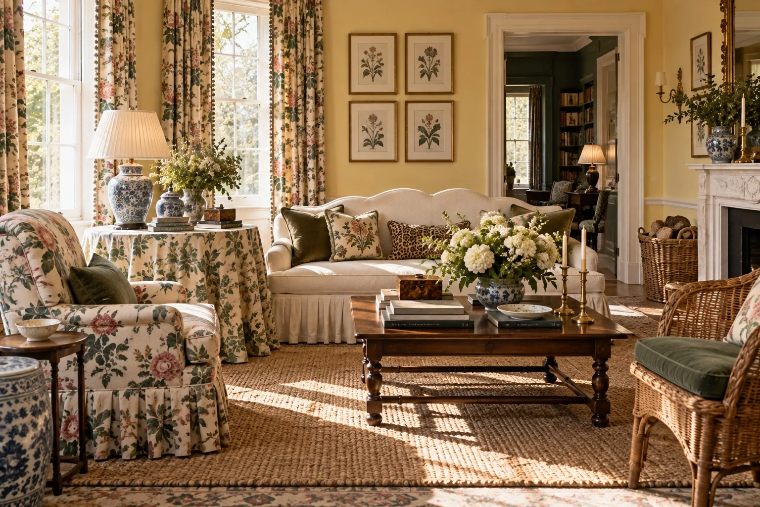 A butter-yellow drawing room with chintz armchairs, a skirted table, blue and white porcelain lamps, wicker chairs and botanical prints.