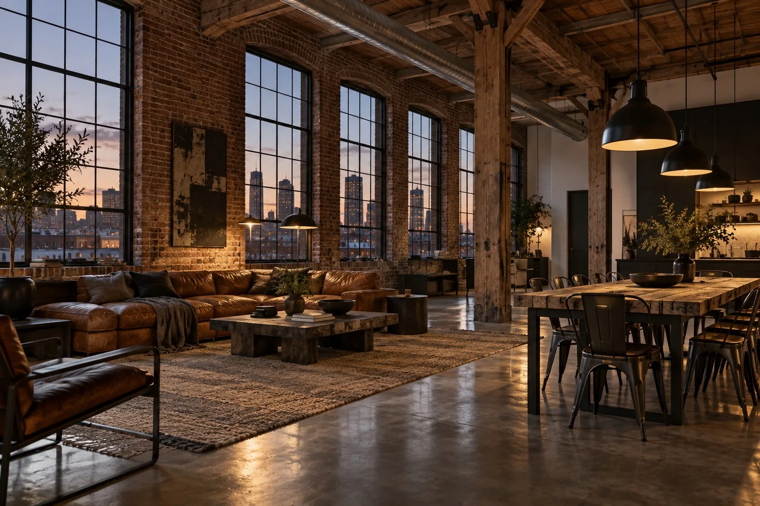 A converted warehouse loft with brick walls, steel factory windows onto a city at dusk, leather sofas and a long timber table under black pendants.