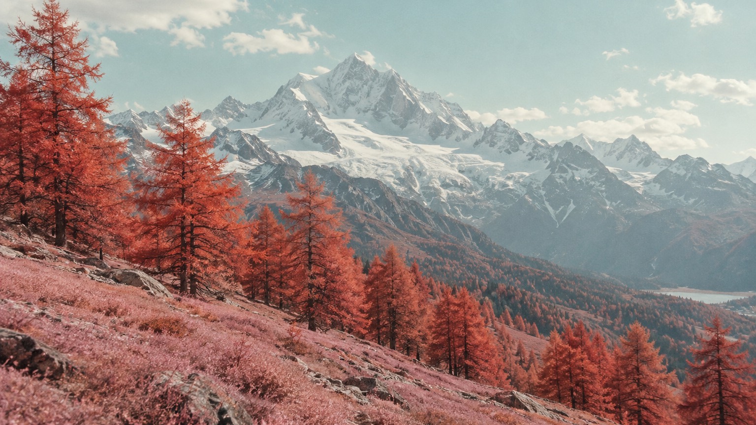 Coral larches line a hillside beneath a snow-covered mountain and a pale cyan sky, in colour infrared.