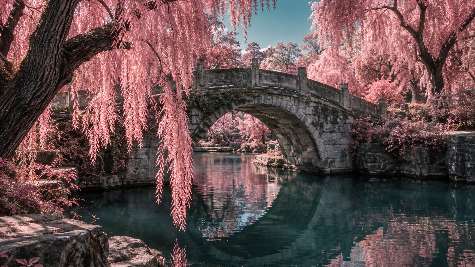 A stone arch bridge spans dark teal water beneath pink willow branches, photographed in colour infrared.