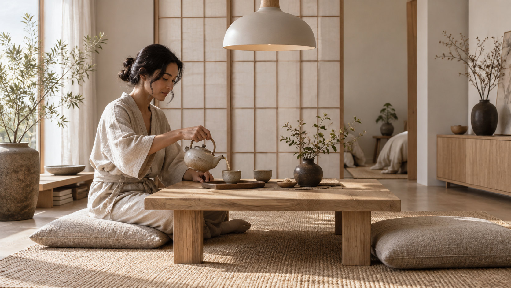 An adult preparing tea at a low pale-wood table in a calm Japandi apartment.