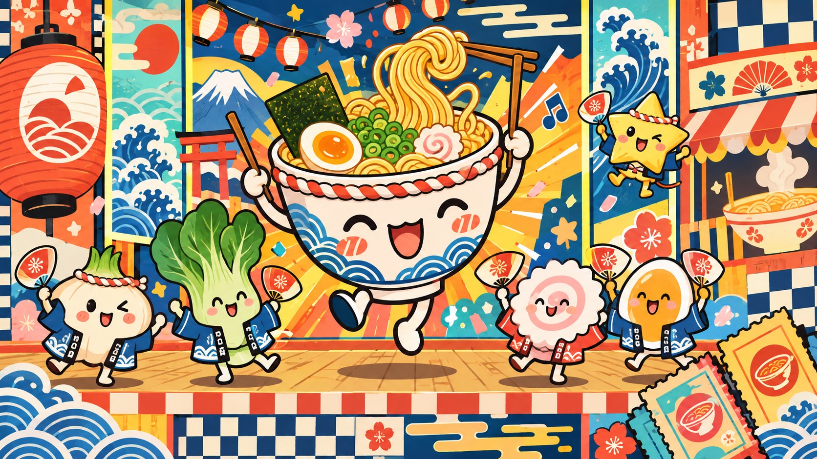 A smiling ramen bowl parades with a bok choy, an egg and dumplings in festival coats, under lanterns, a wave and Mount Fuji.