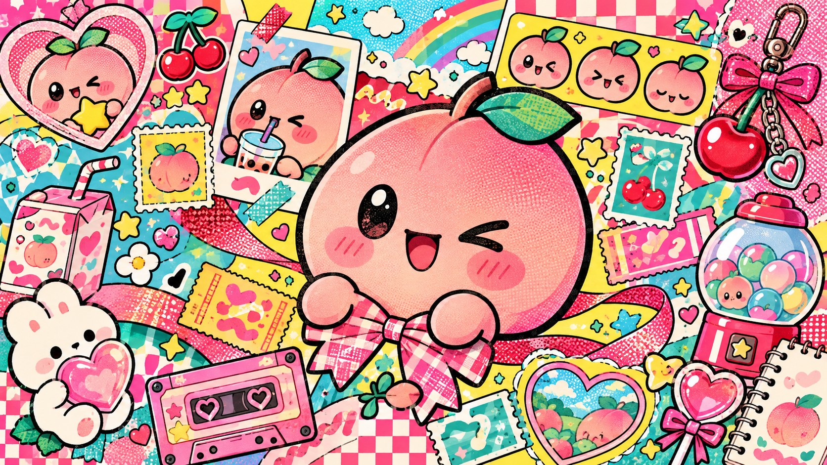 A winking peach character with blush cheeks and a gingham bow, surrounded by stickers, stamps, a cassette, candy and a gachapon machine.