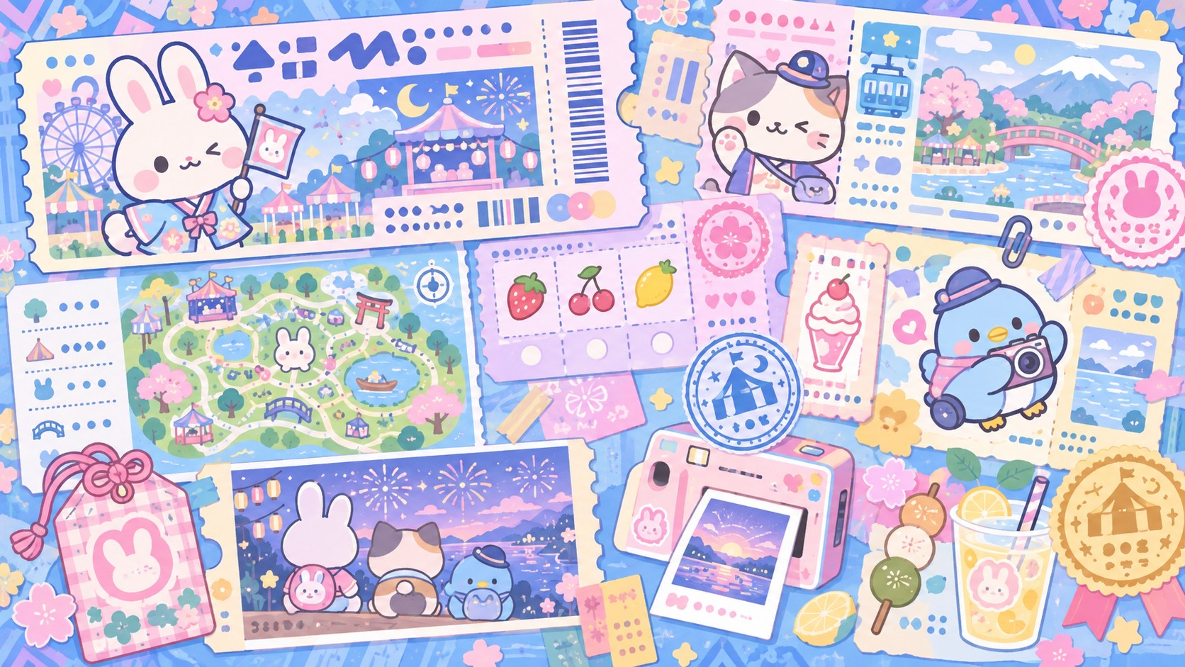 A spread of pastel train tickets, stamps, maps and charms decorated with rabbits, cats and penguins.