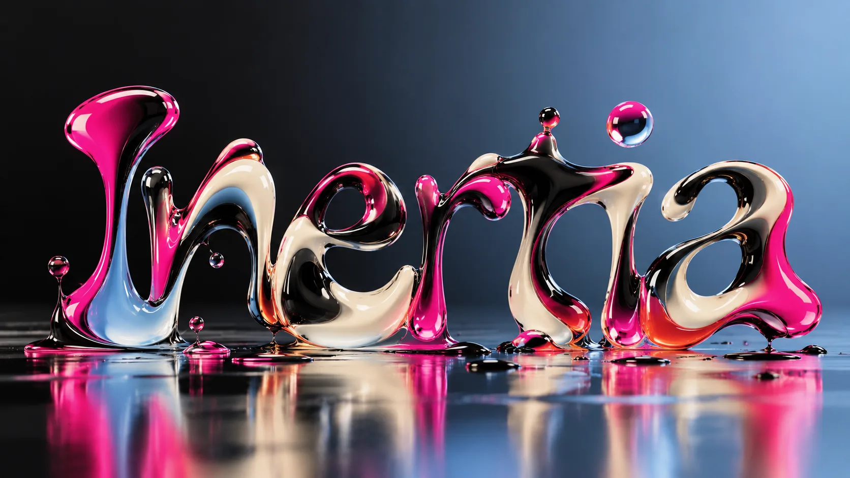 The word Inertia in pink, black and ivory liquid chrome, dripping and pooling into its own reflection on a wet black floor.