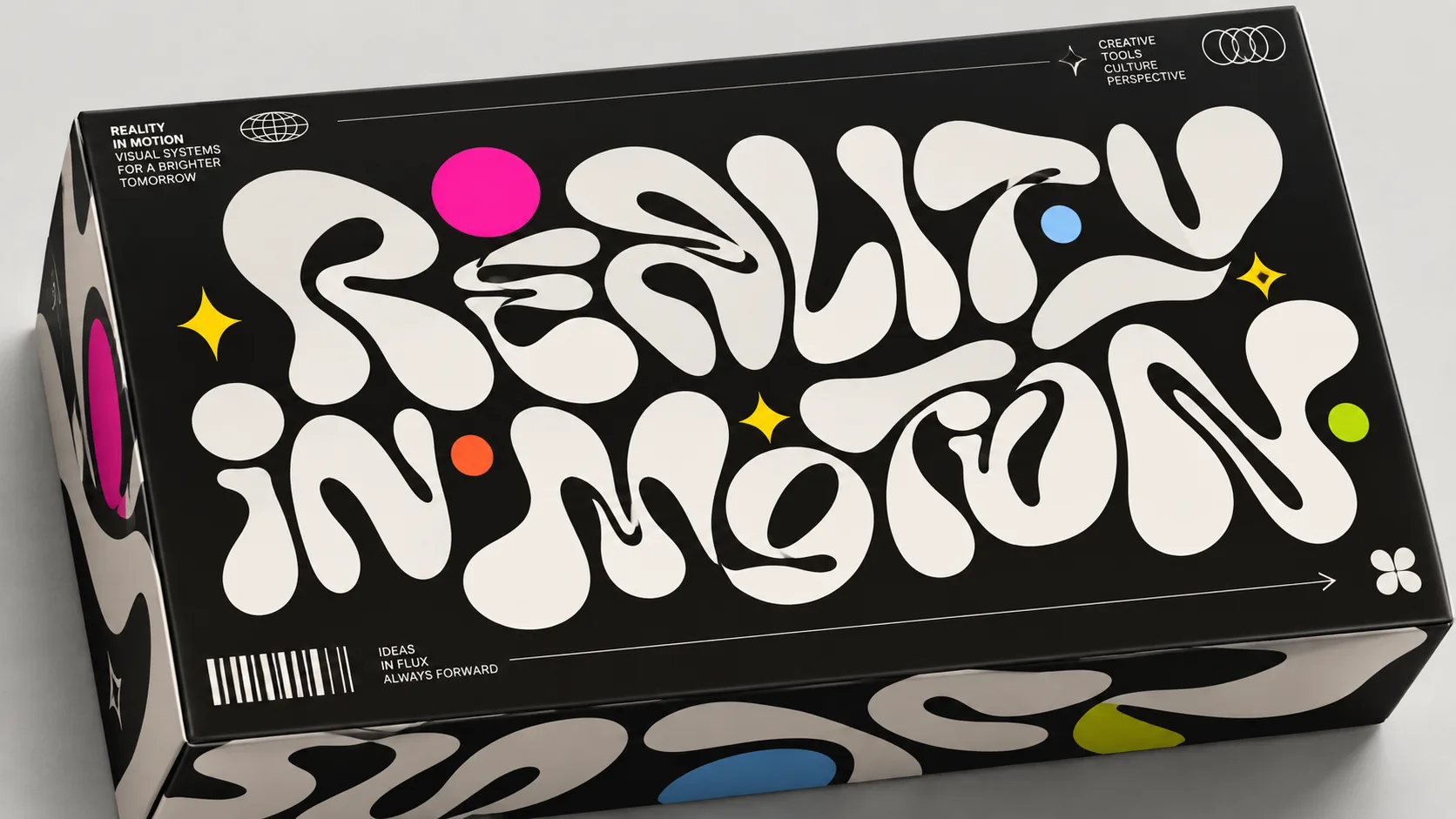 A black box whose lid reads Reality in Motion in swollen white letters that merge and flow into one another, wrapping round its sides.