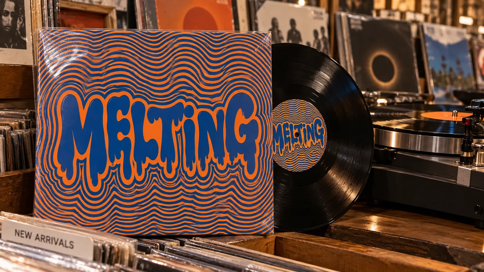 A record sleeve in a shop rack, the title Melting in dripping cobalt letters inside orange and blue psychedelic ripples, the vinyl half out.