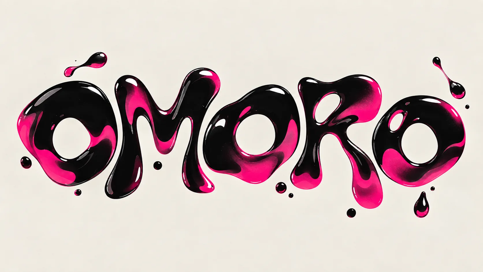 The word Omoro in glossy black and hot-pink liquid, with drops splashing off it on a pale ground.