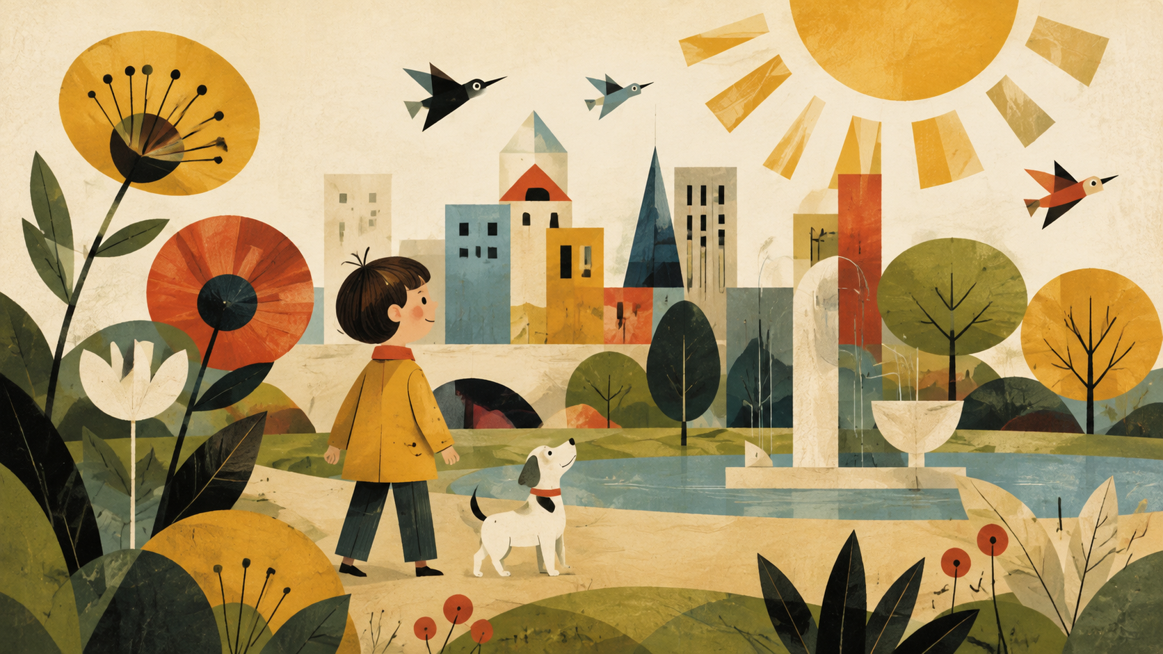 Mid-Century Illustration aesthetic: Children's book dossier scene