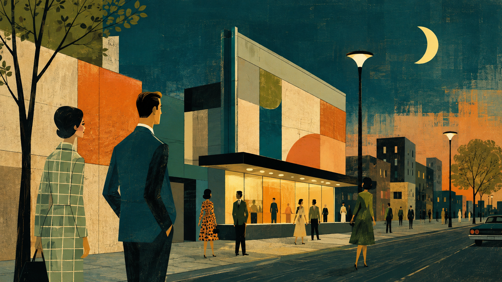 Mid-Century Illustration aesthetic: City scene dossier scene