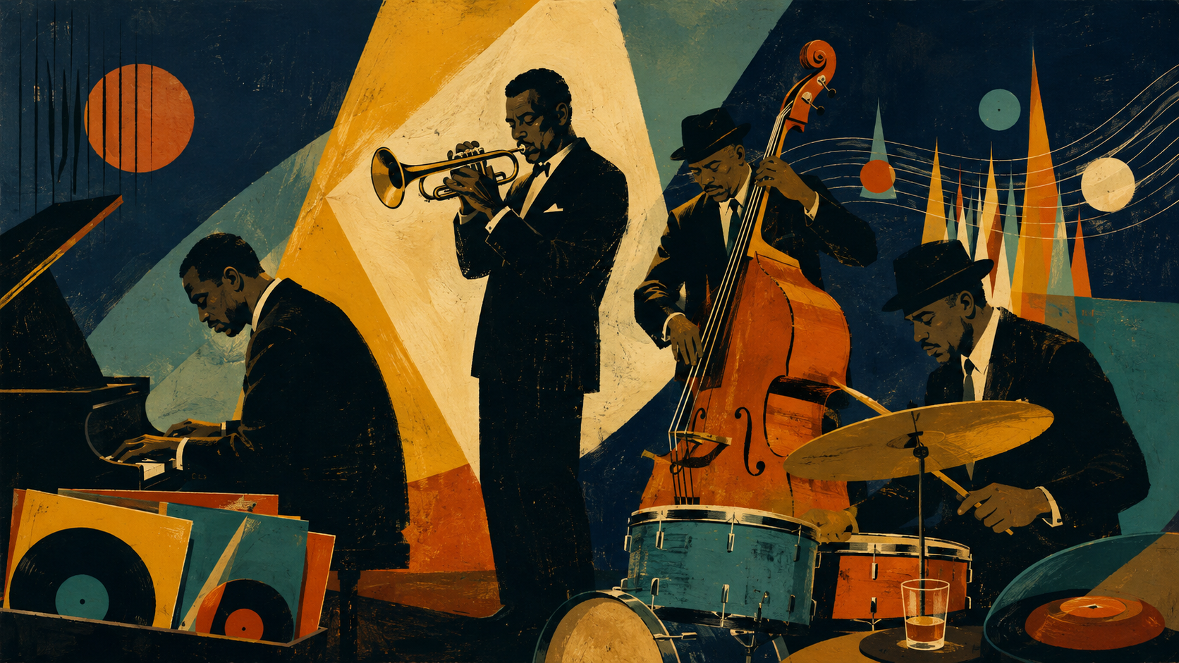 Mid-Century Illustration aesthetic: Jazz sleeve dossier scene