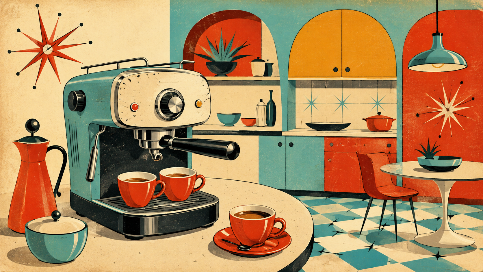 Mid-Century Illustration aesthetic: Product ad dossier scene