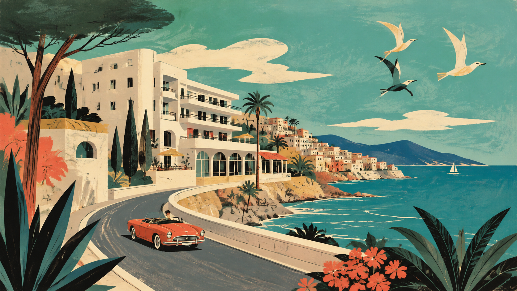 Mid-Century Illustration aesthetic: Travel dossier scene