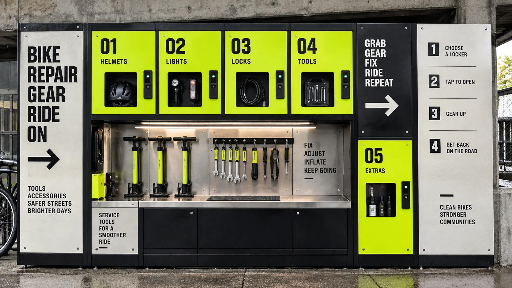 A chartreuse and black public bicycle repair station turns civic hardware into a graphic Neo-Brutalist product system.
