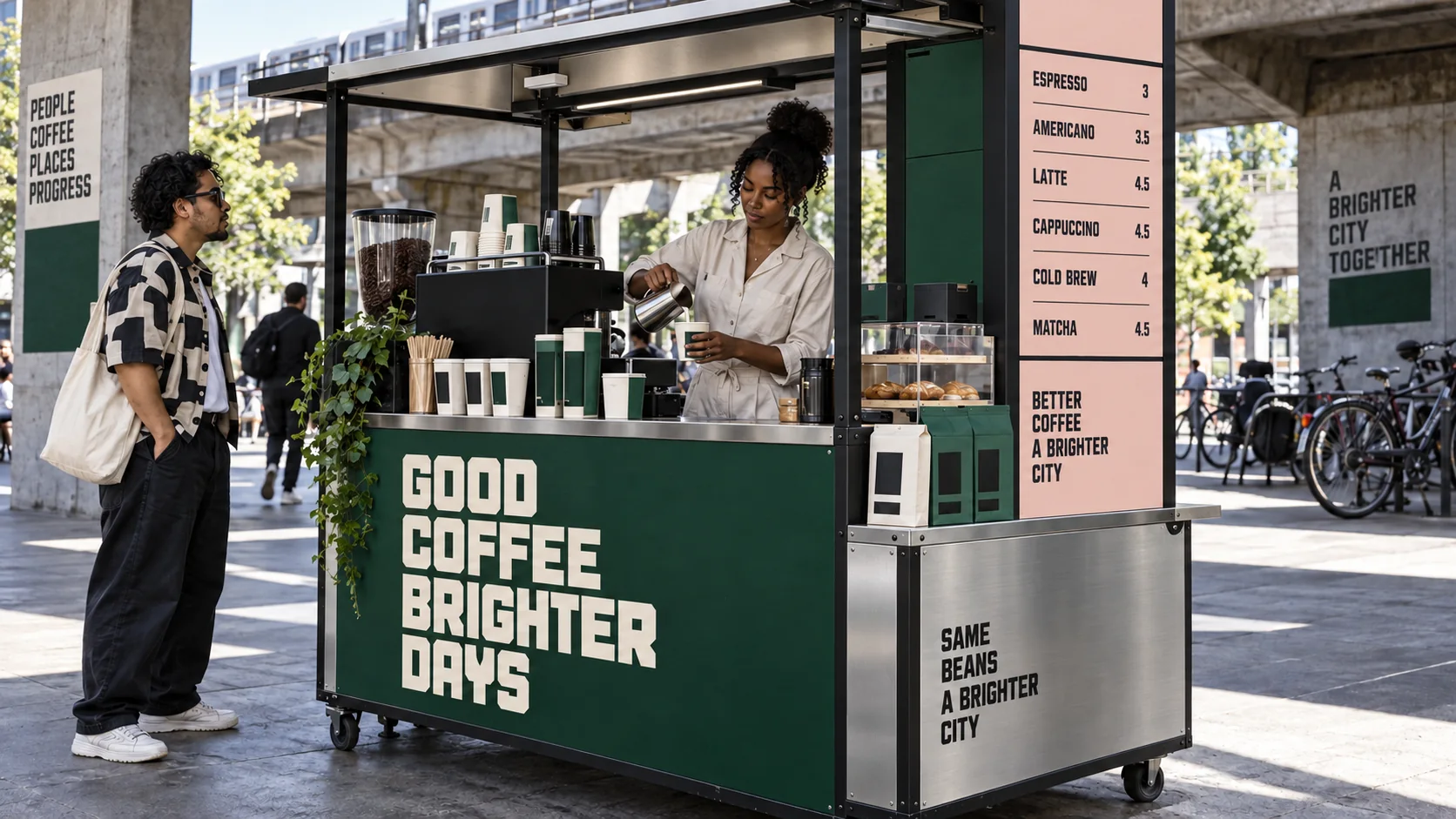 A forest-green and blush coffee cart brings blunt type, visible structure and bold product graphics into an urban street setting.