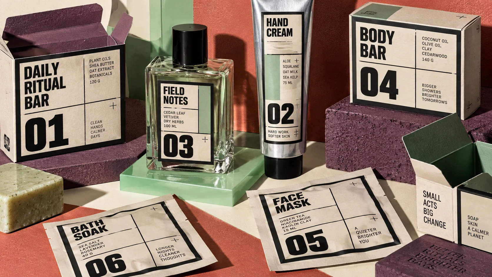 Aubergine, mint and peach personal-care packaging forms a full-bleed Neo-Brutalist product still life.