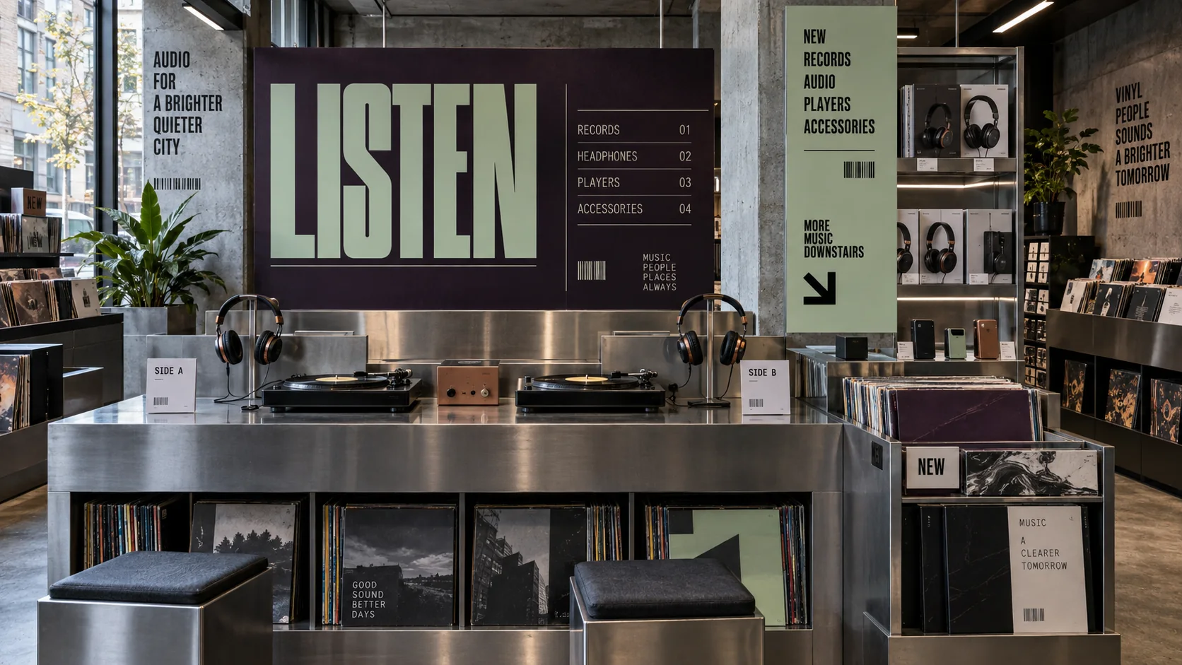 An aubergine and celadon record-listening kiosk combines stainless steel, dense wayfinding and real audio products.