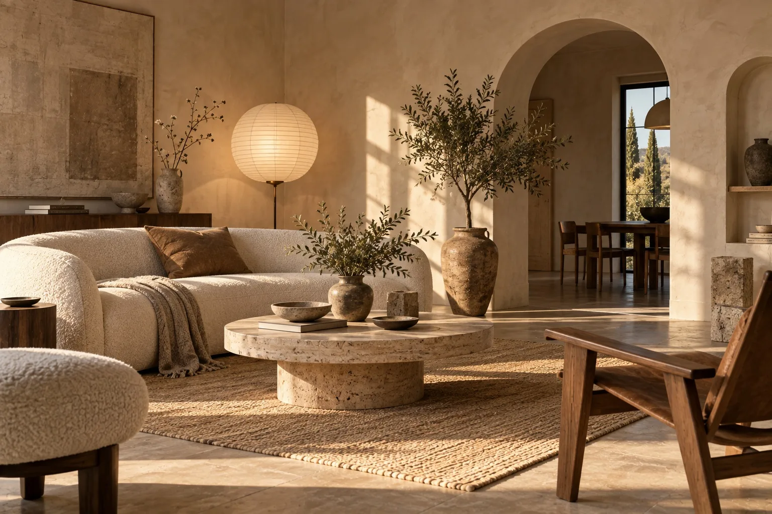 A plaster room with an arched doorway, a curved boucle sofa, a travertine table, a paper lantern and olive trees in clay pots.