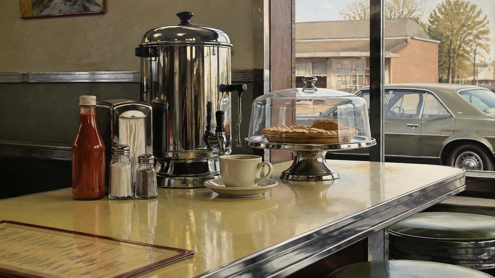 Photorealism aesthetic: Diner dossier scene