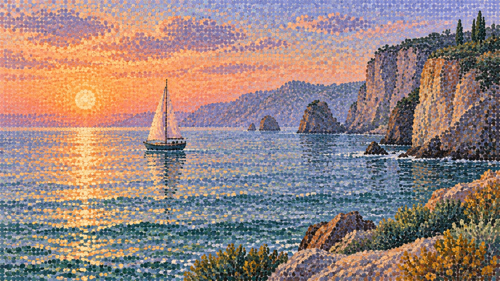 A sailing boat crosses a dotted sea at sunset below orange cliffs, the sky in violet and peach.