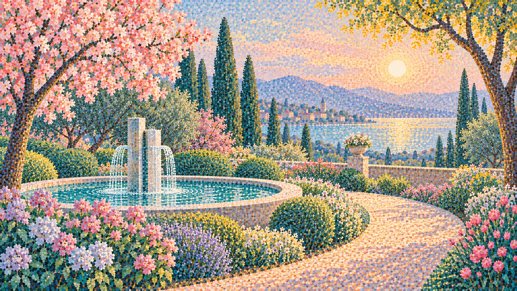 A garden fountain under pink blossom above a sunlit bay, painted entirely in small separate dots of colour.
