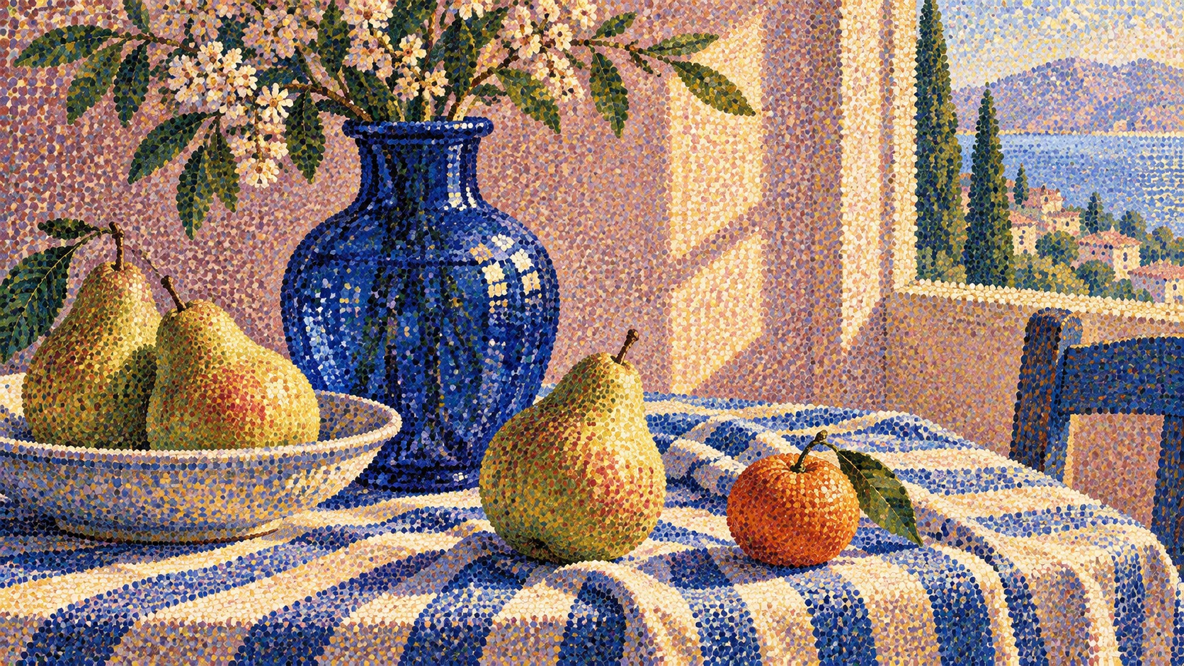Pears, an orange and a cobalt vase of blossom on a blue striped cloth, built from dots, with a bay through the window.