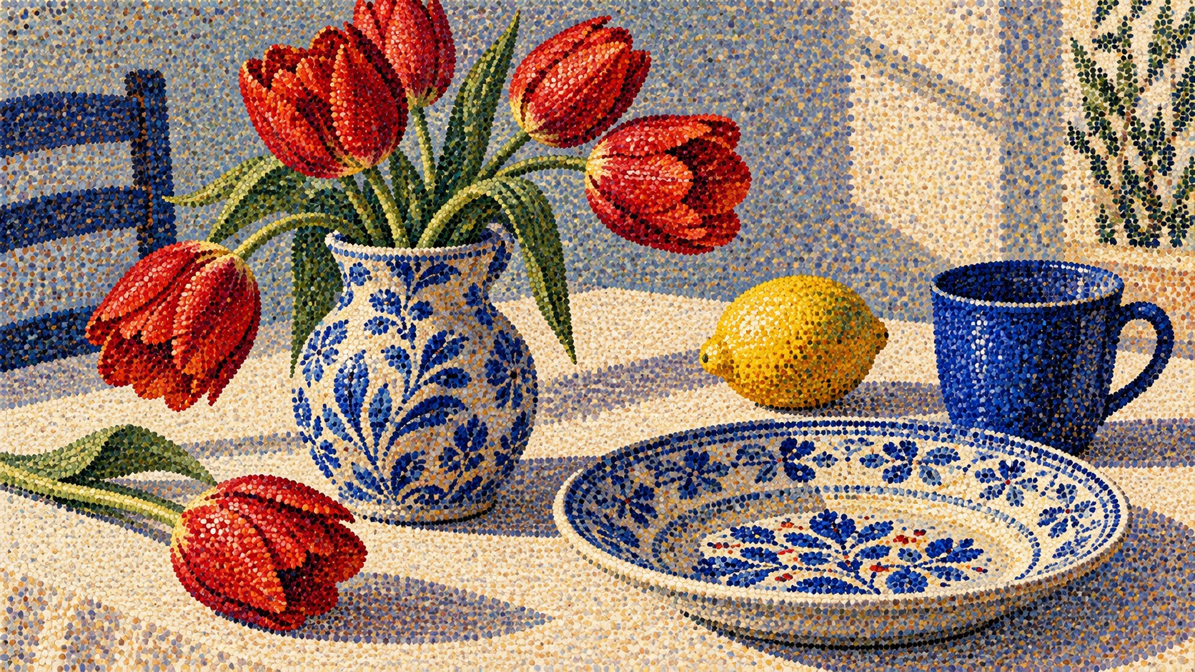 Red tulips in a blue and white jug beside a lemon, a cup and a patterned plate, every surface made of dots.