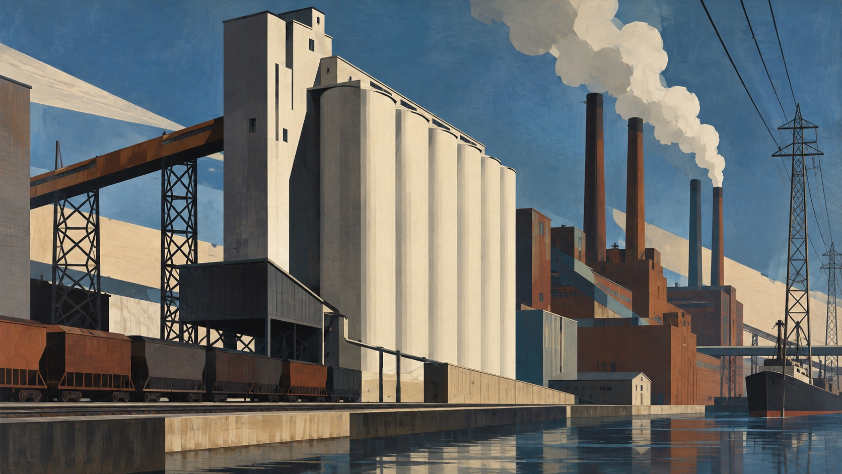 A factory of white silos, sheds and smokestacks beside water, drawn in flat planes under a blue sky.